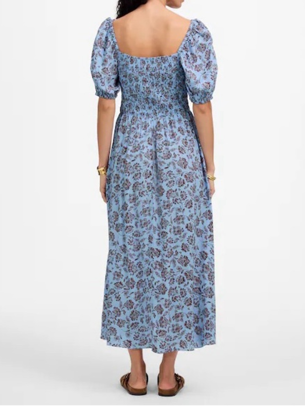 MADEWELL Smocked Puff-Sleeve Midi Dress Blue Brown Floral 6 - Picture 3 of 10